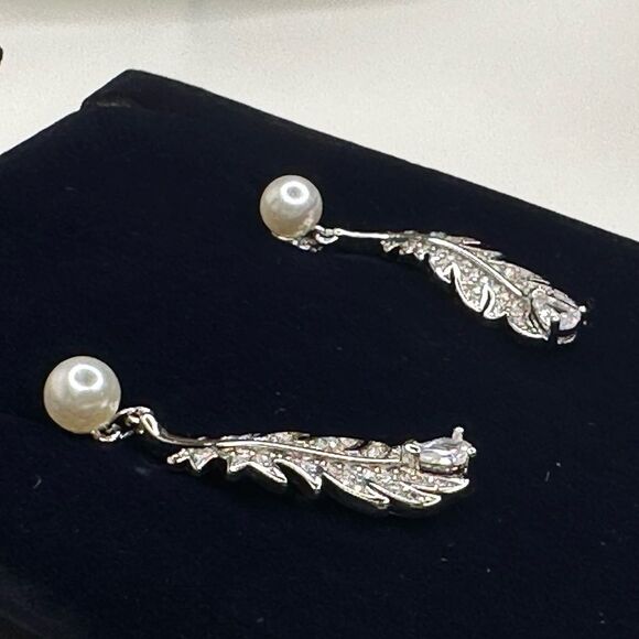 Swarovski Feather Drop Earrings with Pearl Accent | Silver Tone CZ Style 5496052 - Picture 2 of 9